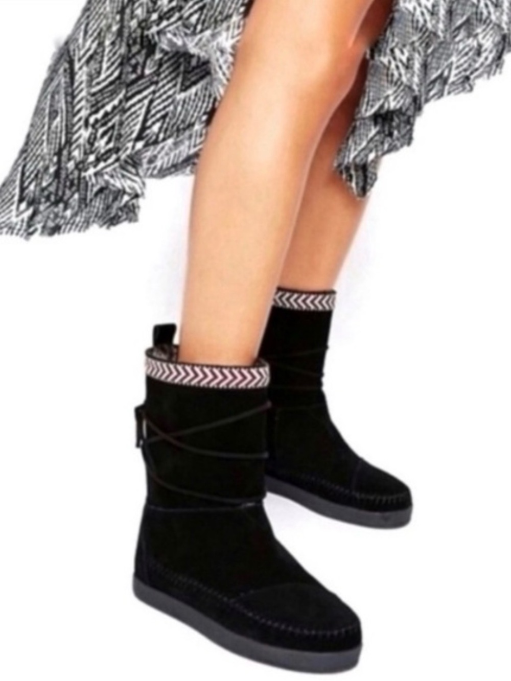 Toms Black Suede Ankle Booties with Zigzag Trim